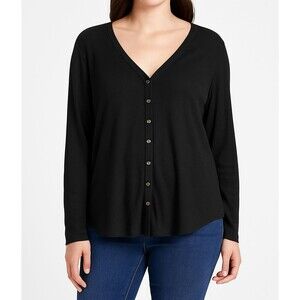 A.N.A A New Approach Women’s Black Long Sleeve Button Front V-Neck Shirt Size M
